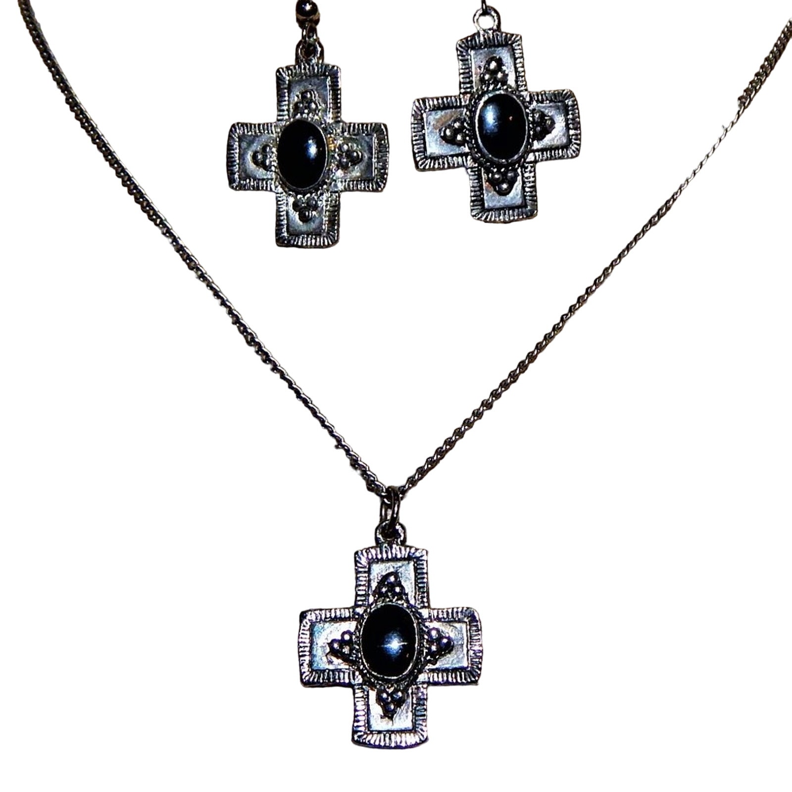 Boho Black Stone Cross Necklace & Earring Set